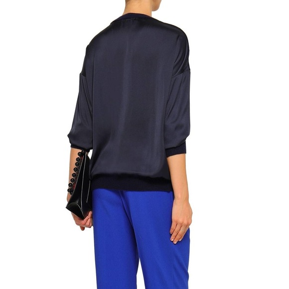 Amanda Wakeley Satin Paneled Cashmere and Wool Blend Sweater Navy - Picture 2 of 11